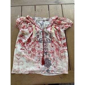 One World Blouse M White Red Paisley Off-Shoulder